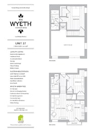 A floor plan for a unit at The Wyeth showcases a spacious layout with a living room, two bedrooms, and a bathroom.