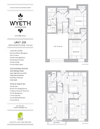 A floor plan for a unit at The Wyeth Campus shows a living room, kitchen, and two bedrooms.