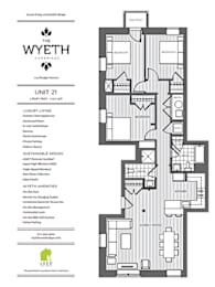 A floor plan for a unit at The Wyeth Cambridge shows a living room, two bedrooms, a bathroom, and a kitchen.