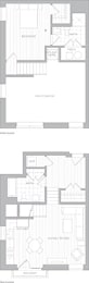 A set of two floor plans for a house with a living room, dining room, kitchen, and bathrooms.