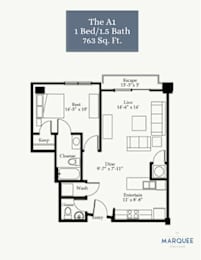A drawing of a floor plan for a 1 bedroom, 1.5 bath apartment.