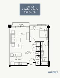 A floor plan for a 1 bedroom, 1.5 bath apartment that is 796 square feet.