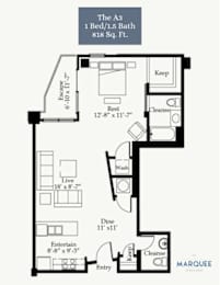 A floor plan of a 1 bedroom apartment with a bathroom.