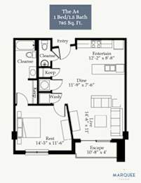 A black and white image of a floor plan for a 1 bedroom apartment.