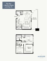 A floor plan for a 2 Bed/2.5 Bath apartment sized at 1,313 square feet.