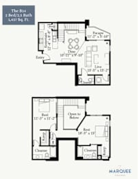 A floor plan for a two bedroom, 2.5 bath home by Marquee.