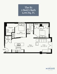 A floor plan for a 2 Bed/2 Bath apartment sized at 1,091 square feet.