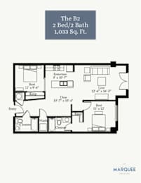 A floor plan for a 2 Bed/2 Bath apartment sized at 1,033 square feet.
