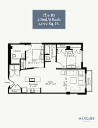 A floor plan for a 2 bedroom, 2 bathroom apartment sized at 1,092 square feet.
