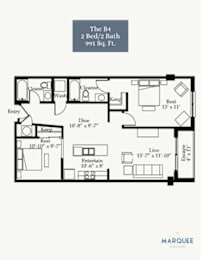 A floor plan of a 2 bedroom, 2 bath apartment.