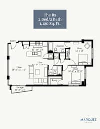A floor plan for a 2 bedroom, 2 bathroom apartment sized at 1,120 square feet.