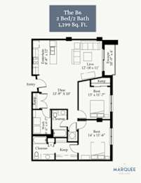 A black and white image of a floor plan for a 2 bedroom, 2 bathroom apartment.