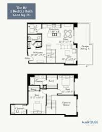 A floor plan for a two bedroom, two bath apartment.