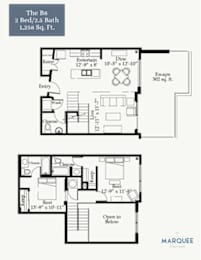A floor plan for a two bedroom, 2.5 bath apartment at The B8.