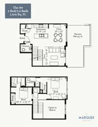 A floor plan for a 2 Bed/2.5 Bath apartment sized at 1,106 Sq. Ft.