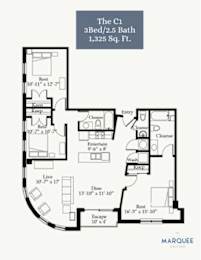 A floor plan for a 3 Bed/2.5 Bath apartment sized at 1,325 square feet.