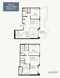 A floor plan for a C2 3 Bed/3 Bath apartment is shown.