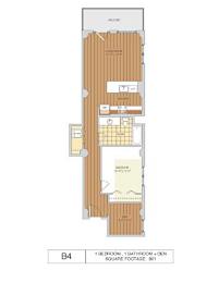 A floor plan of a room labeled B4 with a 9x12 footage and includes a bedroom, bathroom, and den.