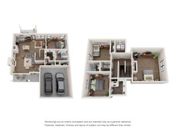 Two floor plans of a house with a garage and a living room.