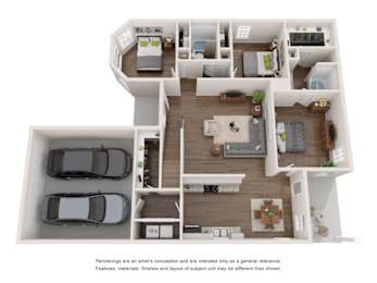 A floor plan of a house with a living room, dining room, kitchen, and two bedrooms.