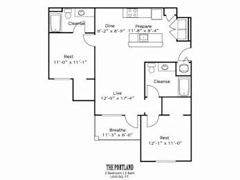 A black and white image of a floor plan for a 2 bedroom, 2 bath apartment.