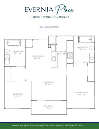 A floor plan for Evernia Place, a senior living community, showing the layout of the rooms.
