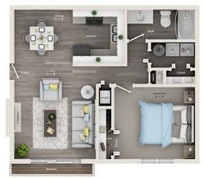 A floor plan of a house showing a living room, dining room, kitchen, and two bedrooms.