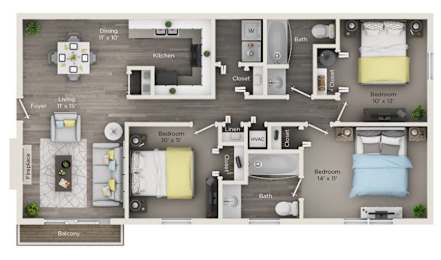 A floor plan of an apartment with two bedrooms, a living area, a kitchen, a bathroom, a dining area, and a balcony.