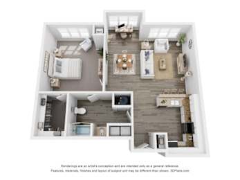 A floor plan of a house with a kitchen, living room, dining room, and two bedrooms.
