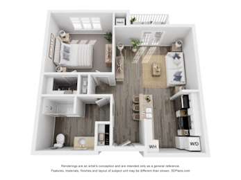 A 3D floor plan of a small apartment with a kitchen, living room, and bathroom.