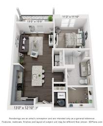 A 3D floor plan of a small apartment with a kitchen, living room, and bathroom.