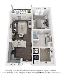 A 3D floor plan of a small apartment with a living room, kitchen, and bathroom.