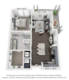 A 3D floor plan of a small apartment with a kitchen, living room, and bedroom.
