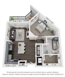 A 3D floor plan of a small apartment with a kitchen, living room, and bathroom.
