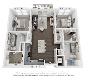 A 3D floor plan of a small apartment with a kitchen, living room, and bedrooms.