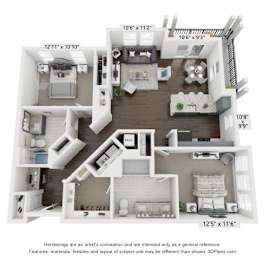 A 3D floor plan of a two-bedroom apartment.