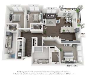 A 3D floor plan of a small apartment with a kitchen, living room, and two bedrooms.