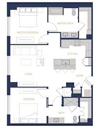 A floor plan of a house with a master bedroom, living room, kitchen, and bathroom.