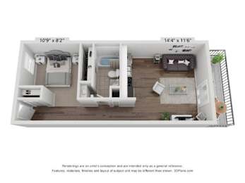 a stylized floor plan with a bedroom and a living room