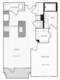 A floor plan of a house with a laundry room, kitchen, living room, bedroom, bathroom, and closet.