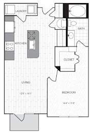 A floor plan of a small apartment with a living room, kitchen, bedroom, bathroom, and laundry area.