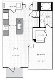 A floor plan of a small apartment with a living room, bedroom, kitchen, and bathroom.