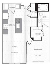 A floor plan of a small apartment with a living room, kitchen, bathroom, and bedroom.