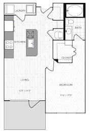 A floor plan of a small apartment with a living room, bedroom, kitchen, and bathroom.