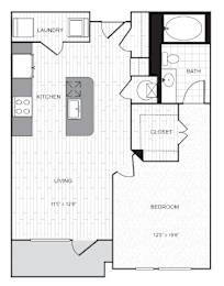 A floor plan of a small apartment with a living room, kitchen, bathroom, bedroom, and closet.