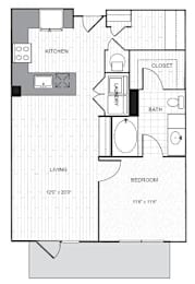 A floor plan of a small apartment with a living room, bedroom, kitchen, and bathroom.