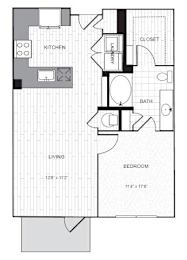 A floor plan of a small apartment with a living room, bedroom, kitchen, and bathroom.