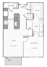 A floor plan of a small apartment with a living room, kitchen, bedroom, bathroom, and laundry area.