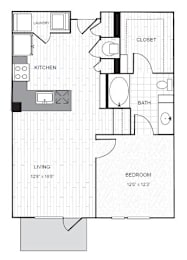 A floor plan of a small apartment with a living room, kitchen, bathroom, bedroom, and closet.