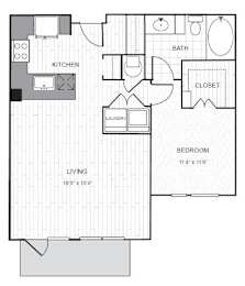 A floor plan of a small apartment with a living room, kitchen, bathroom, bedroom, and laundry area.